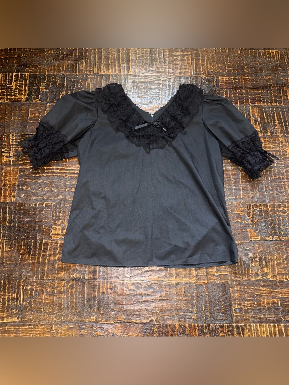 Whimsigoth Lolita Goth Dark Coquette Cottagecore Black Lace-Trim V-Neck Blouse